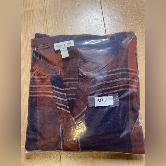 Garnet Hill Purple Rust Plaid 100%Organic Cotton V Neck Popover Tunic 3/4 Sleeve - Picture 6 of 6